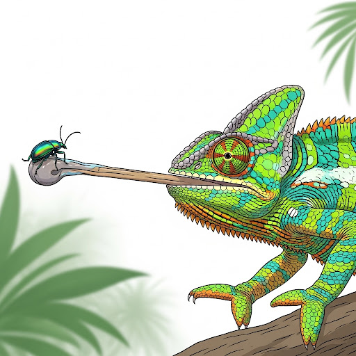 A chameleon catching a bug