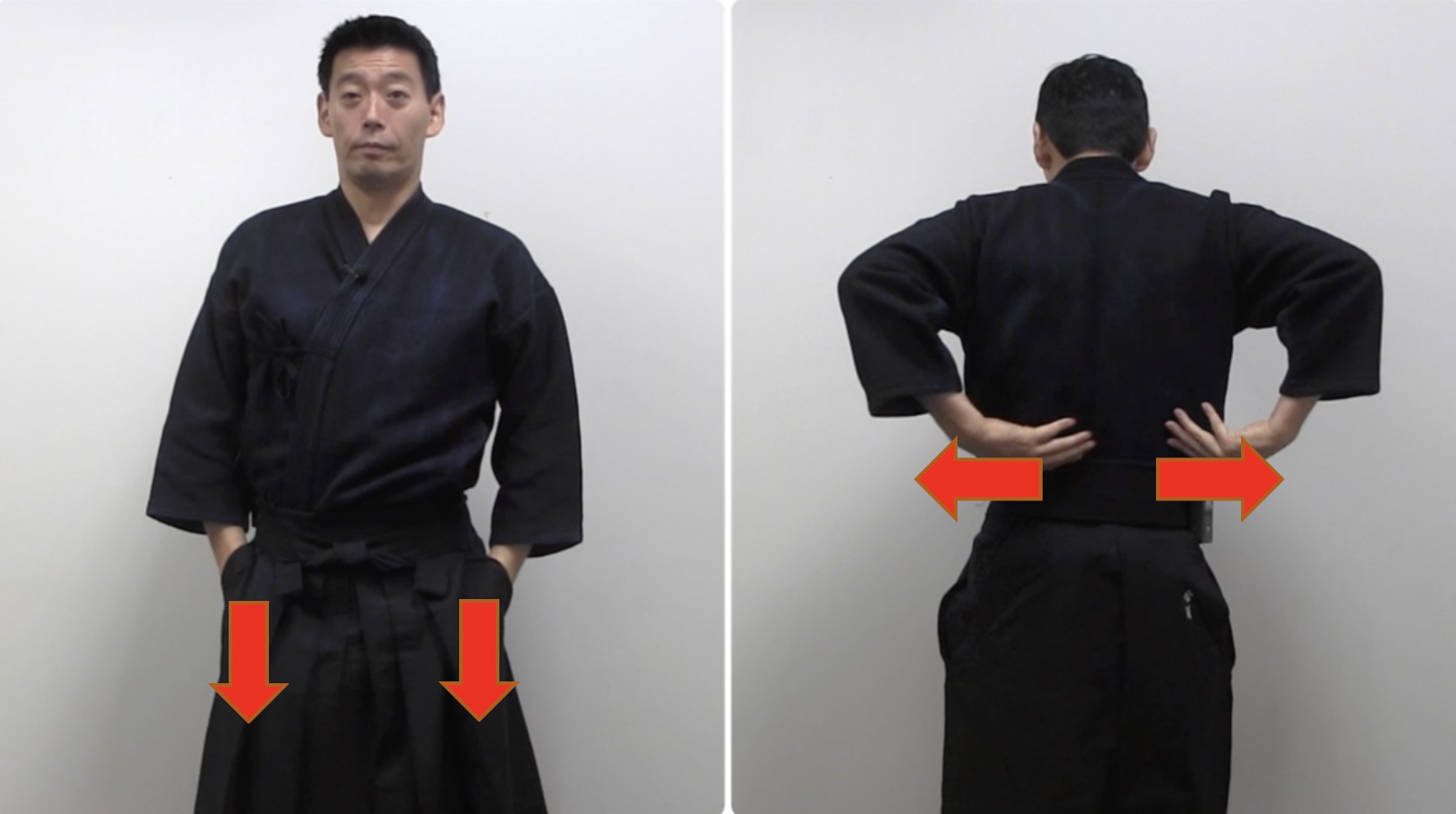 Figure 2: Pull keikogi down (left) and pull it to sides (right) to remove wrinkles