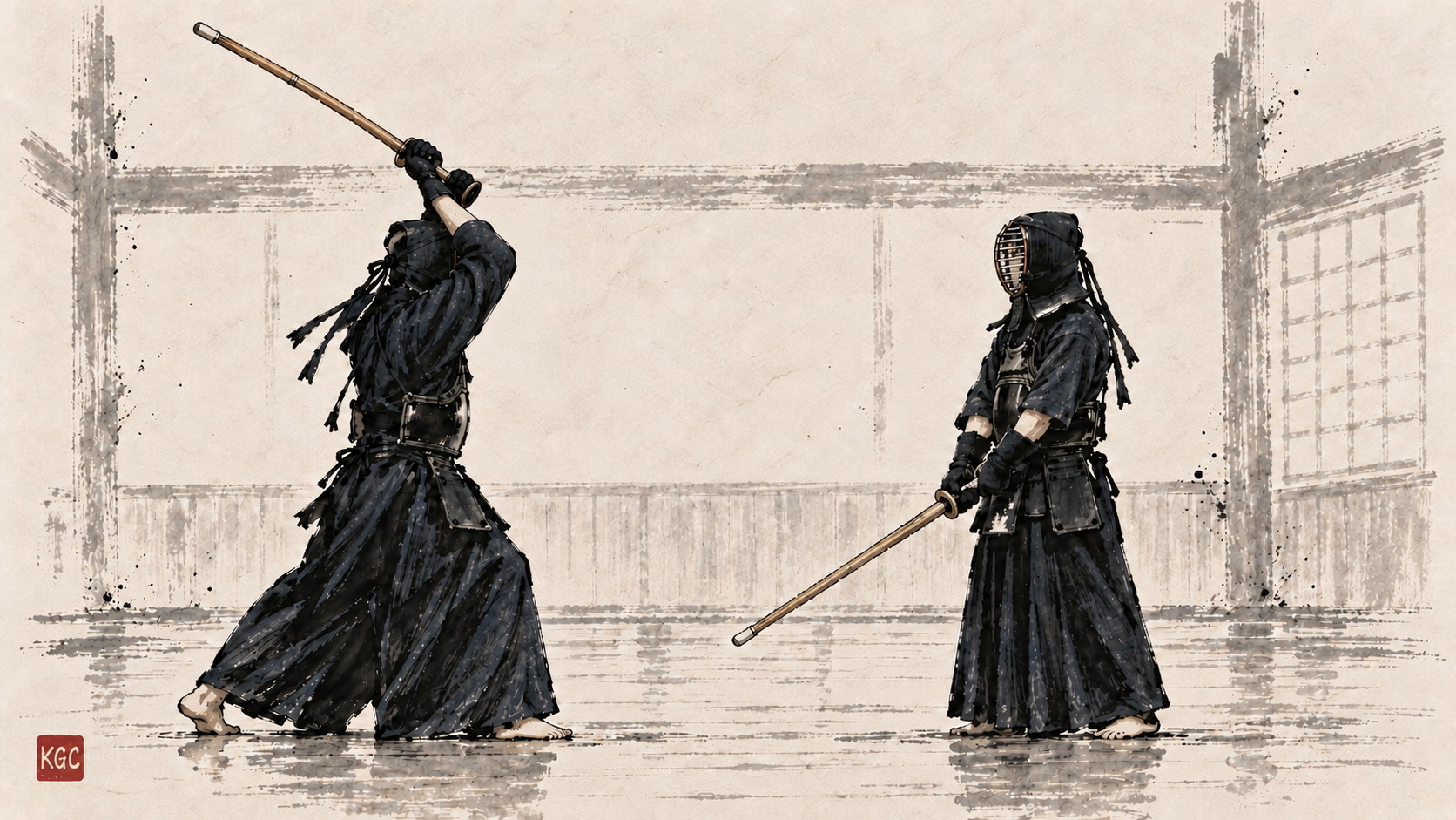 Ink illustration of two kendo practitioners, with the striker raising the shinai for a big strike. Ink illustration of two kendo practitioners, with the striker raising the shinai for a big strike.